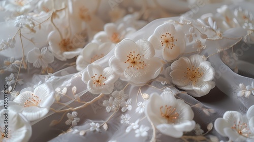 white piece of fabric has beautiful white flowers poster background © jinzhen
