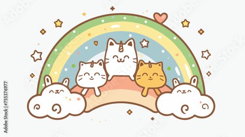Cute rainbow with cats unicorns line style 