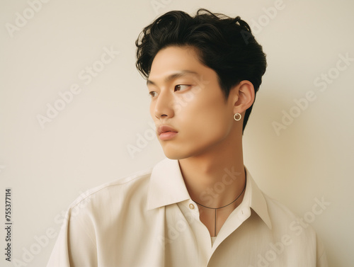  A photo of a minimal modern fashion shoot with young asian men, featuring an oversized beige shirt and large gold earrings, in muted earthy colors, with creative editorial photography.