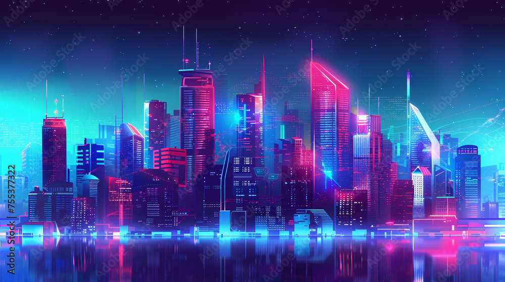 A cyberpunk city skyline with stylized buildings and futuristic elements