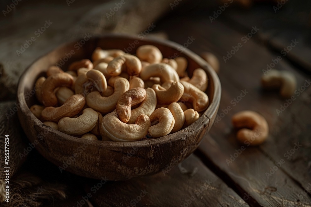 Fototapeta premium roasted cashew nuts in a wooden bowl on the table