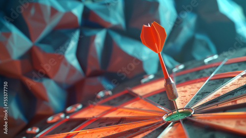 Design a 3D animated scene with a dart hitting the bullseye on a polygonshaped dart board set against a unique backdrop background photo