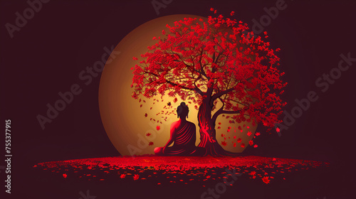 Gold buddha Meditate under Bodhi tree with red leaves, circle sign style vector, Golde Bouddha logo, Gold Buddha Meditate under Bodhi Tree Circle, Generative Ai photo