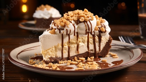 Feast your eyes on a mouthwatering slice of peanut butter pie, topped with a generous swirl of whipped cream and a sprinkle of crushed peanuts.