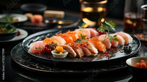 Salmon sashimi on a black plate. Japanese food.