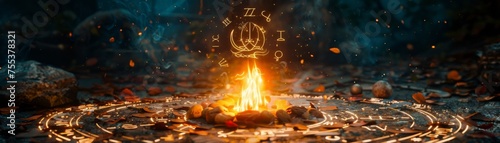 Zodiac sigils surround a gypsy campfire, mystical storytelling photo