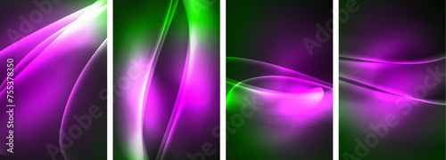 Neon Lines Waves. Abstract Background Poster Collection. Captivating array of vibrant designs, pulsating with dynamic energy against a dark backdrop. Explore the mesmerizing allure of neon waves