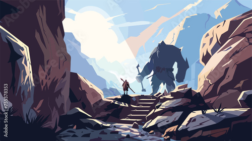 Fantasy landscape with a brave small warrior standing