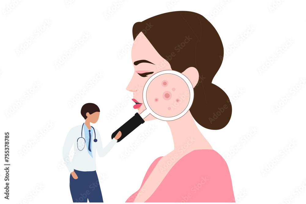 Dermatologist checking young woman face with skin acne, pimples, blackheads vector illustration. Acne skin face problem concept Dermatologist checking young woman face with skin acne, pimples, blackheads vector illustration. Acne skin face problem concept