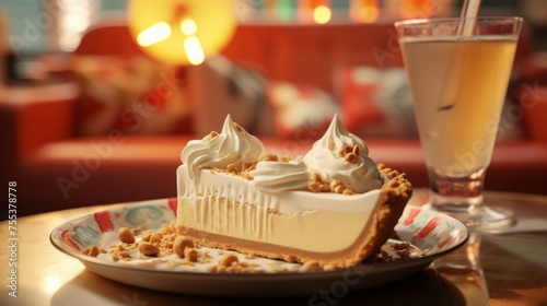 Immerse your audience in a virtual world where a mouthwatering slice of peanut butter pie, embellished with whipped cream and crushed peanuts, sits elegantly on a plate