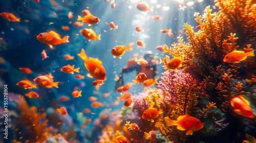 Beautiful underwater world with corals and tropical fish swimming in the sea and scuba diver