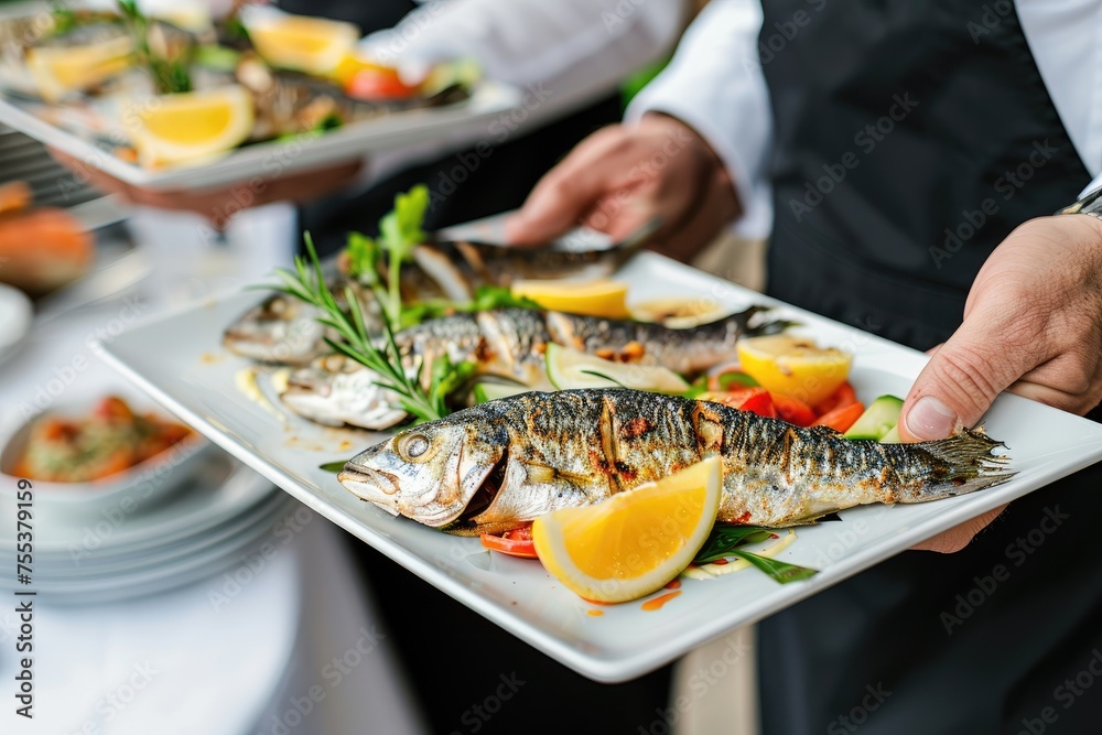 Waiter carrying plates with fish dish on some festive event, party or wedding reception restaurant.
