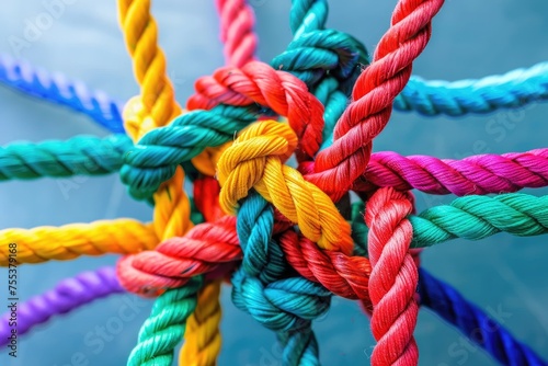 Strong diverse network rope team concept integrate braid color background cooperation empower.