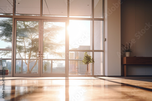 Building  architecture and interior concept. Interior design of empty room with big windows illuminated with natural sunlight. Minimalist style