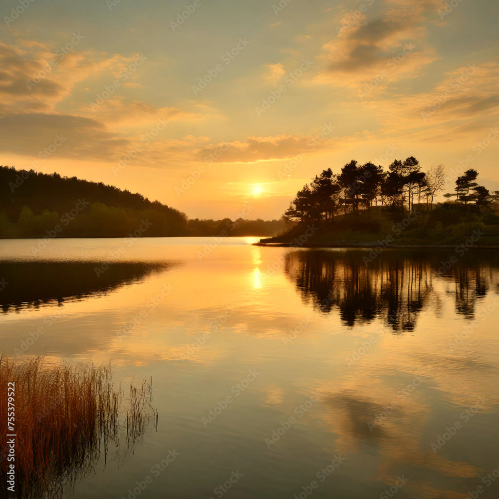 Obraz premium 석양이 지는 잔잔하고 평화로운 호수