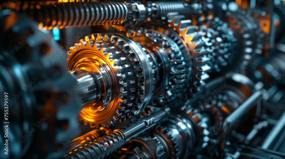 Fototapeta premium 3D render of dark industrial vehicle parts, gears and pipes forming a mesmerizing pattern, stark beauty of engineering, wide angle, hyperrealistic, night, cyberpunk vibe, digital g AI Generative