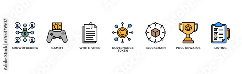 IGO banner web icon illustration concept of initial game offering with icon of crowdfunding, gamefi, white paper, governance token, blockchain, pool rewards and listing