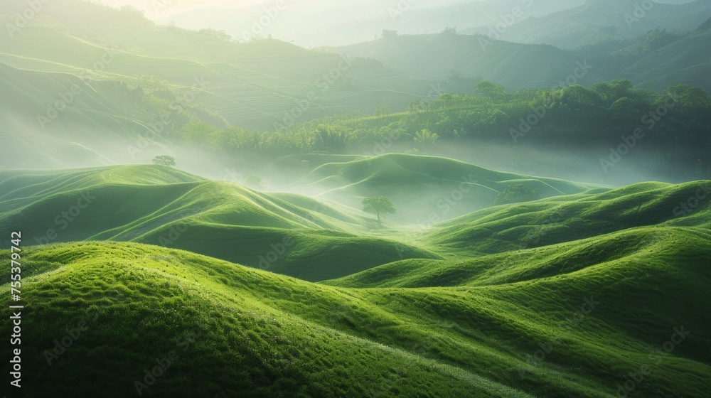 A captivating portrayal of green hills in the fresh morning sun, using a double exposure technique to add a layer of mystical depth The image showcases the vivid green hues and the, AI Generative