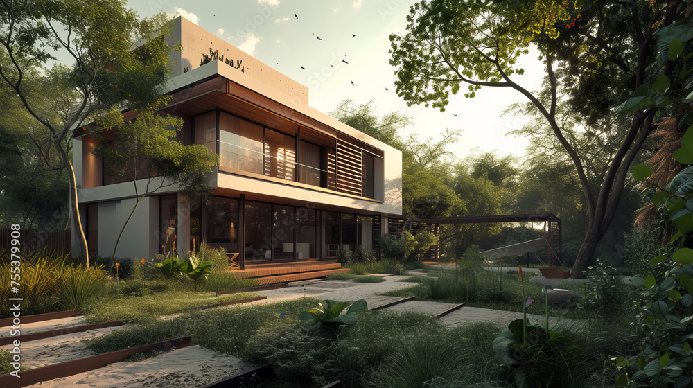 A photorealistic image of an eco-friendly residence with an organic garden, in a sleek suburban setting, epitomizing modern sustainable living , AI Generative