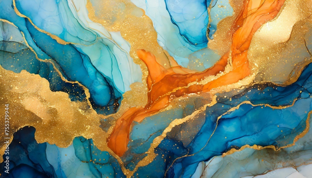 blue and yellow watercolor, Marble ink abstract art background. Luxury abstract fluid art painting in alcohol ink technique, mixture of blue, orange and gold paints