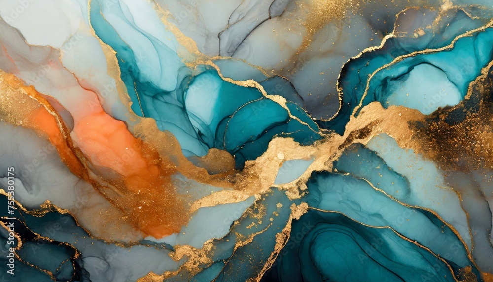 Marble ink abstract art background. Luxury abstract fluid art painting in alcohol ink technique, mixture of blue, orange and gold paints - obrazy, fototapety, plakaty 