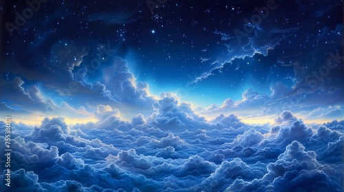 billowing clouds at night, rich texture visible against a deep blue celestial backdrop, stars scattered like diamonds, clouds catching the faint moonlight, AI Generative photo