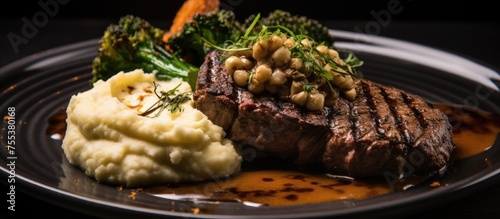 A plate featuring a juicy beef steak cooked to perfection on a grill, accompanied by creamy mashed potatoes and steamed broccoli. The steak is tender and seared, the mashed potatoes are buttery, and photo