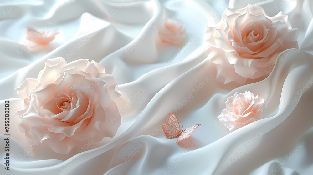 Fototapeta premium Digital roses and butterflies are shown on white silk abstract graphics poster web page PPT background with generative