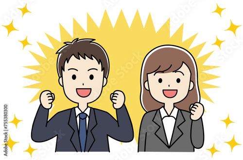 笑顔のスーツ姿の男女のイラスト　キラキラ