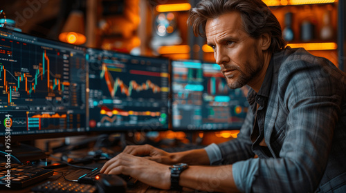 Stock Trader Monitoring Markets on Multiple Screens