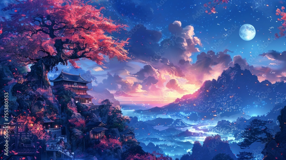 Fantasy Japanese art scene, mythical landscape, vibrant traditional style, imaginative cultural setting AI Generative