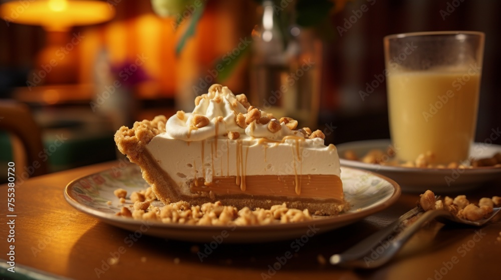 Immerse yourself in the sumptuous imagery of a peanut butter pie slice, adorned with a luscious whipped cream topping and a generous helping of crushed peanuts, placed on a plate 