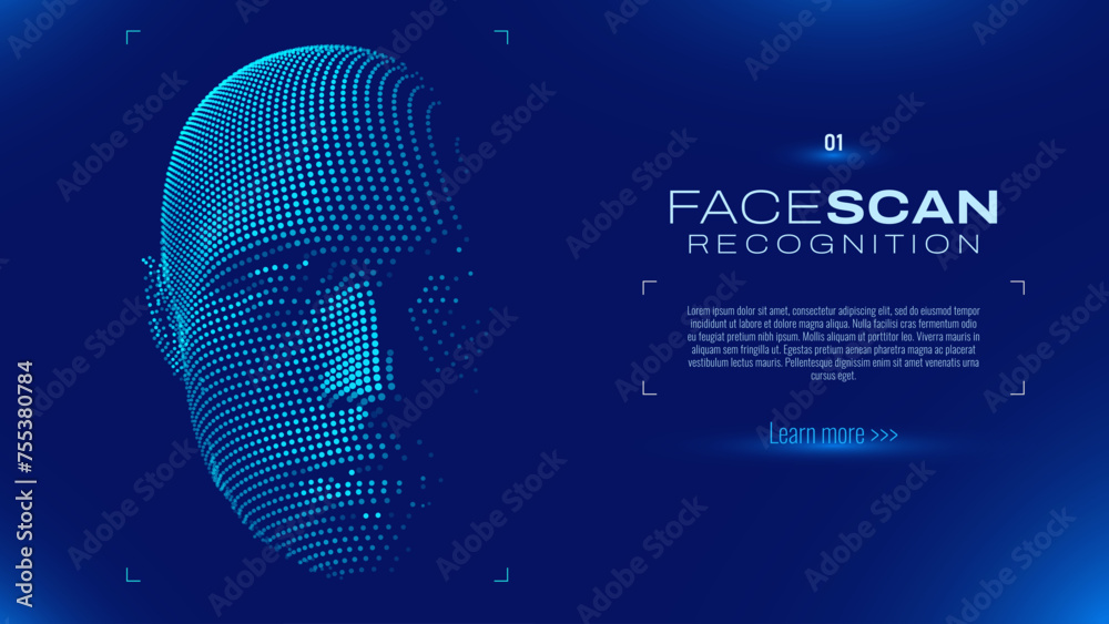 Face ID Scan Recognition AI. Artificial Intelligence Concept. Abstract Digital Particles Human Face. Robotics Concept. Wireframe Head Science Fiction Concept. Vector Illustration. Deep Learning Art. - obrazy, fototapety, plakaty 