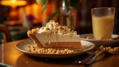 Immerse yourself in the sumptuous imagery of a peanut butter pie slice, adorned with a luscious whipped cream topping and a generous helping of crushed peanuts, placed on a plate 