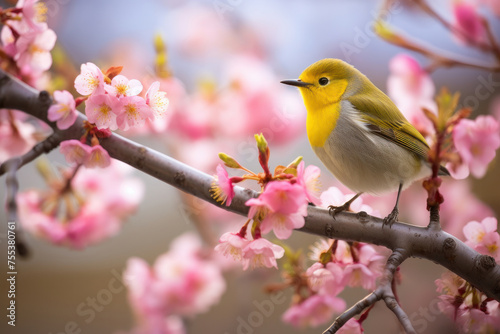 A vibrant springtime scene capturing a delicate bird among pink blossoms, showcasing the beauty of nature. AI Generative.