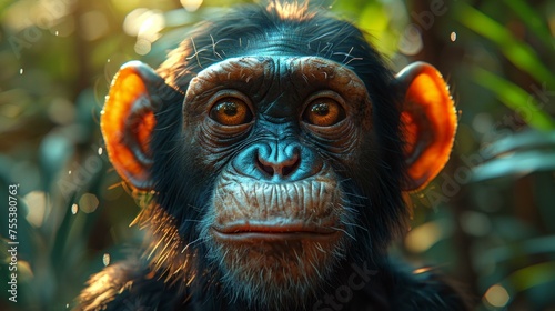 hybrid monkey portrait, blend of chimpanzee and bonobo traits, expressive eyes, jungle background, photorealistic, contemplative, dappled sunlight, AI Generative