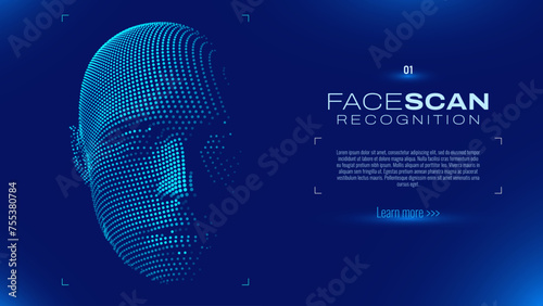 Face ID Scan Recognition AI. Artificial Intelligence Concept. Abstract Digital Particles Human Face. Robotics Concept. Wireframe Head Science Fiction Concept. Vector Illustration. Deep Learning Art.