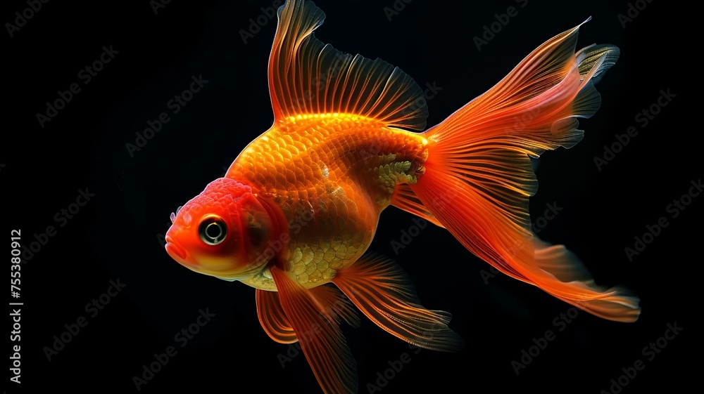 a very dynamic orange fish on a black background, in the style of light red and light gold, AI Generative