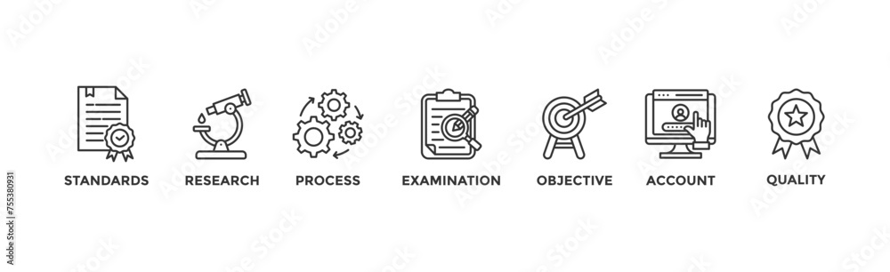 Audit banner web icon vector illustration concept with icon of standards, research, process, examination, objective, account, and quality Audit banner web icon vector illustration concept with icon of standards, research, process, examination, objective, account, and quality