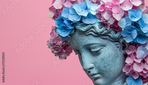 Ancient woman Statue with hydrangea flowers on head © Daria
