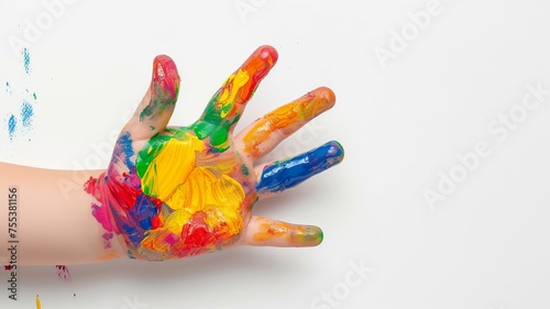 colorful painted child hand on white background, photorealistic, AI Generative