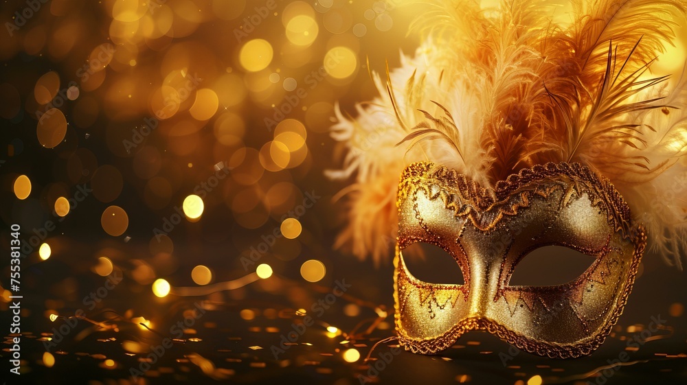 golden carnival mask with feather on lights background , award winning studio photography, professional color grading, soft shadows, no contrast, AI Generative
