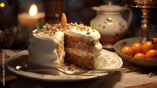 Immerse yourself in the tempting sight of a slice of carrot cake, crowned with decadent cream cheese frosting and nuts, set on a festive table with a cup and a warmly glowing candle.