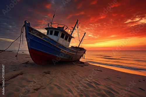 Fishing boat moored on a serene beach against a stunning sunset backdrop - AI Generative.