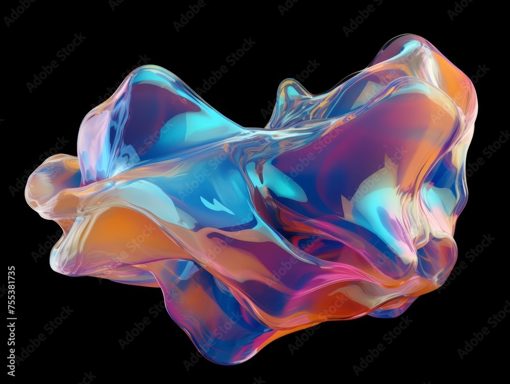 Obraz premium Bold holographic liquid metal shape. 3D Holographic Neon Fluid Waves. Iridescent chrome melted bubble drop