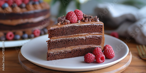 Slice of chocolate cake dessert with raspberry and chocolate cream