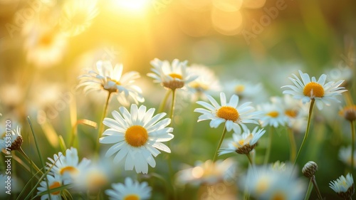 Sun lit spring meadow with many daisy flowers blooming, shallow depth of field photo, only few petals in focus, ultra sharp, super realistic, AI Generative