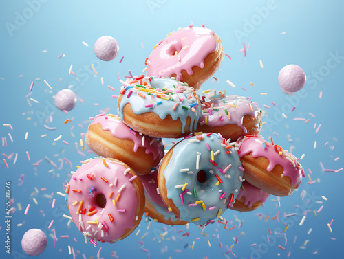 A bunch of donuts with blue, pink, and white sprinkles and sprinkles © MstRokea