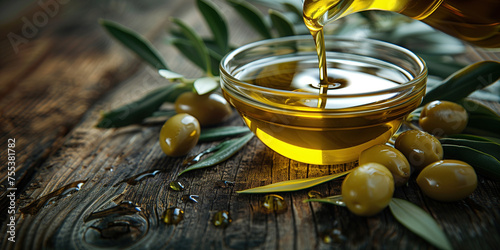 Olive oil pouring into bowl on wooden table with fresh green olives leaves