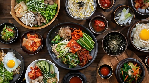 Generative AI : Assortment of Korean traditional dishes. Asian food. Top view, flat lay, panorama